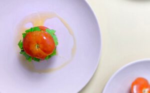 Kuvassa on vaaleanpunaisella lautasella täytetty tomaatti. Kuvan tausta on valkoinen
